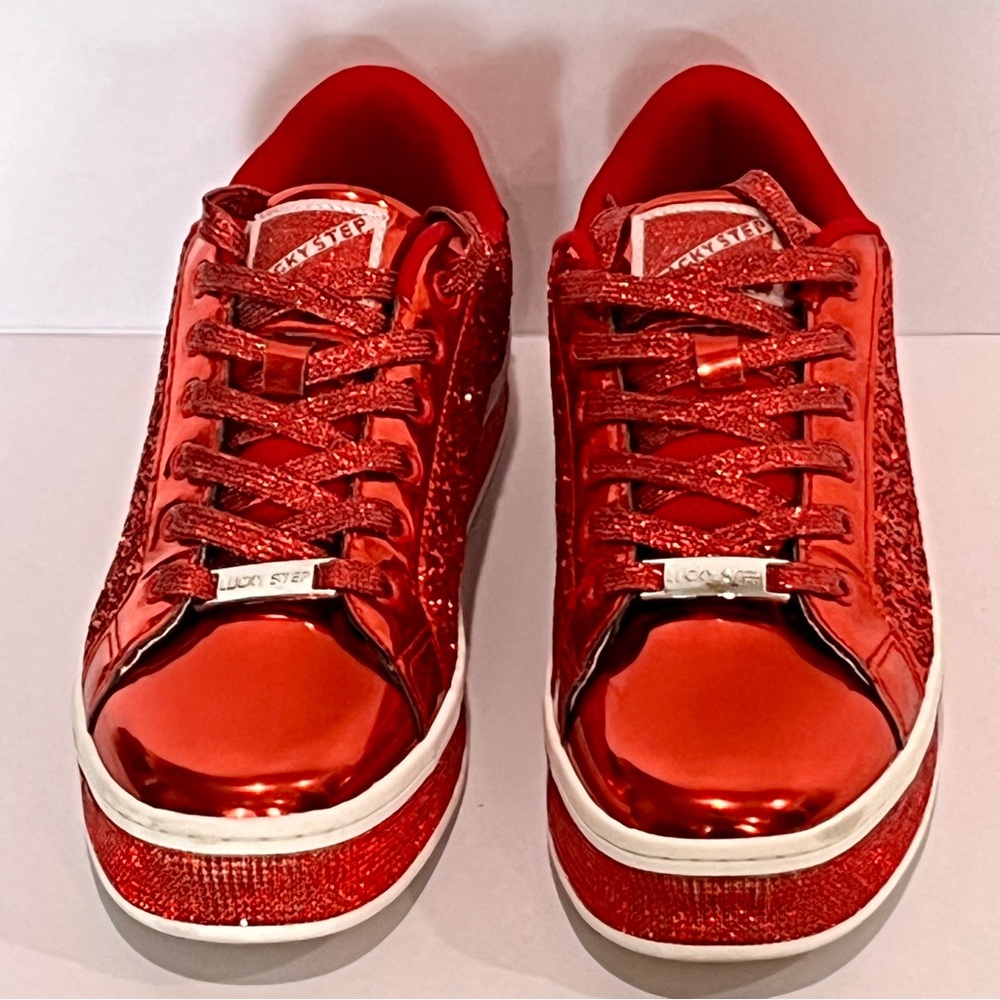 LUCKY STEP Ruby Red Glitter Sneakers Platform Low Top Sparkly Bling Shoes 8.5 - Picture 5 of 12